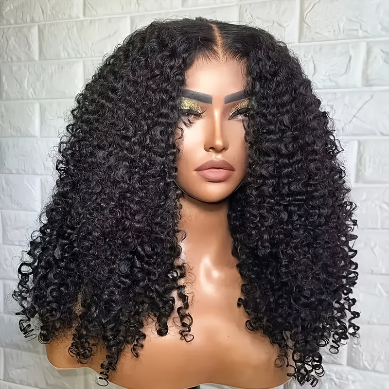 180% Density 4x4 HD Transparent Lace Front Wig - 40" Long Brazilian Virgin Human Hair #1B Afro Curly/Kinky Deep Wavy Wig with Tiny Knots, Glueless Pre-Cut & Pre-Plucked Baby Hair for Women of All Ethnicities, Natural Hairpiec